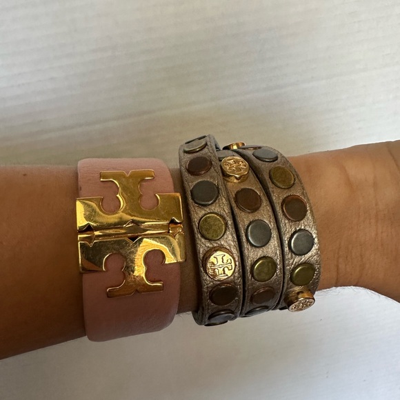 6 Tory Burch Leather Wrap Bracelet Stud Red Green Silver Black Gold Pink Set of6 - Picture 7 of 10